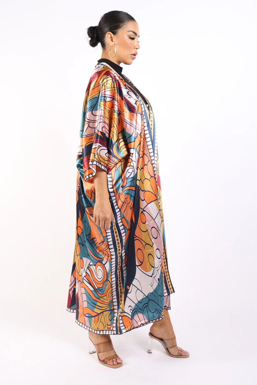 Load image into Gallery viewer, Boho Borderline Satin Maxi Kimono
