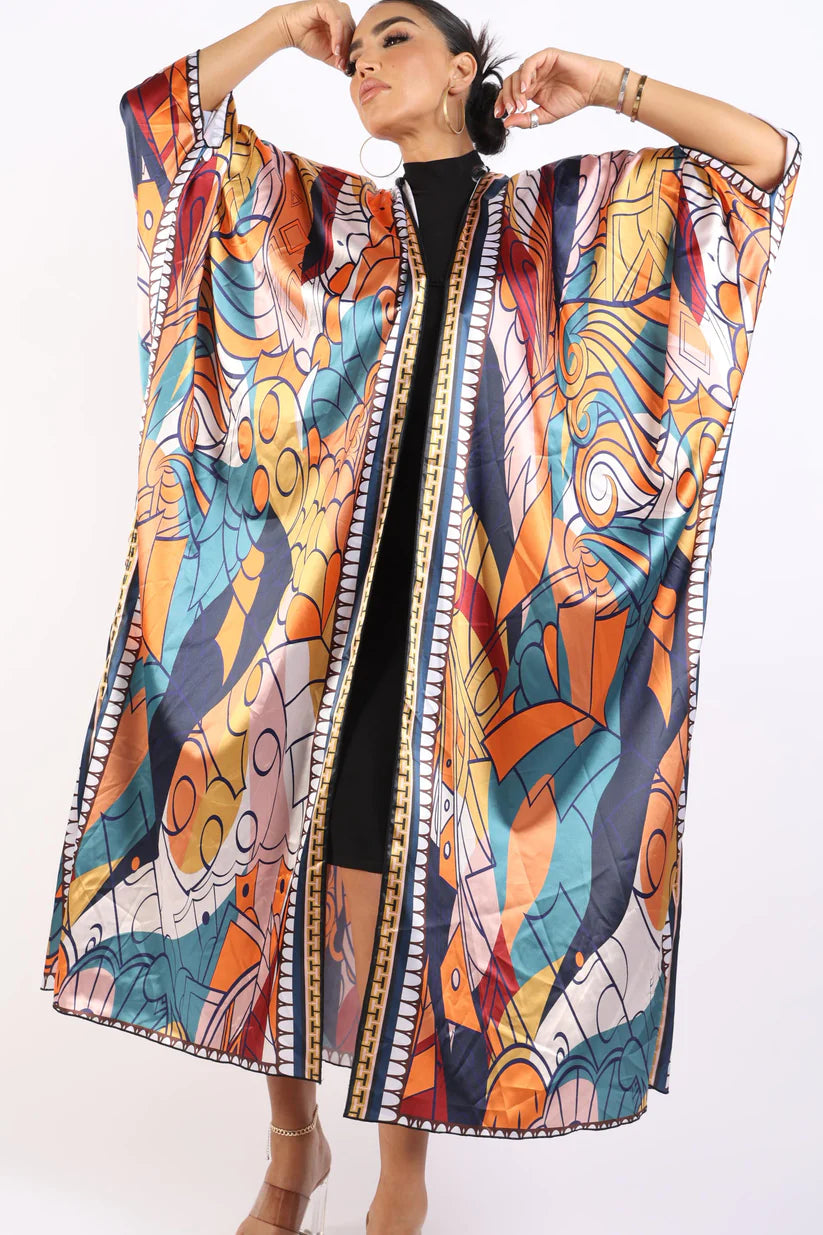 Load image into Gallery viewer, Boho Borderline Satin Maxi Kimono
